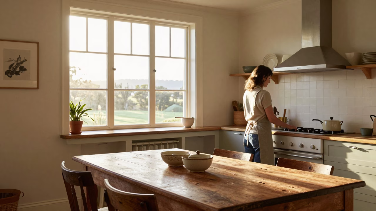 Sunlit Hobart Kitchen Interior with Vintage Stoneware and Morning Light in in Hobart, Tasmania, Australia