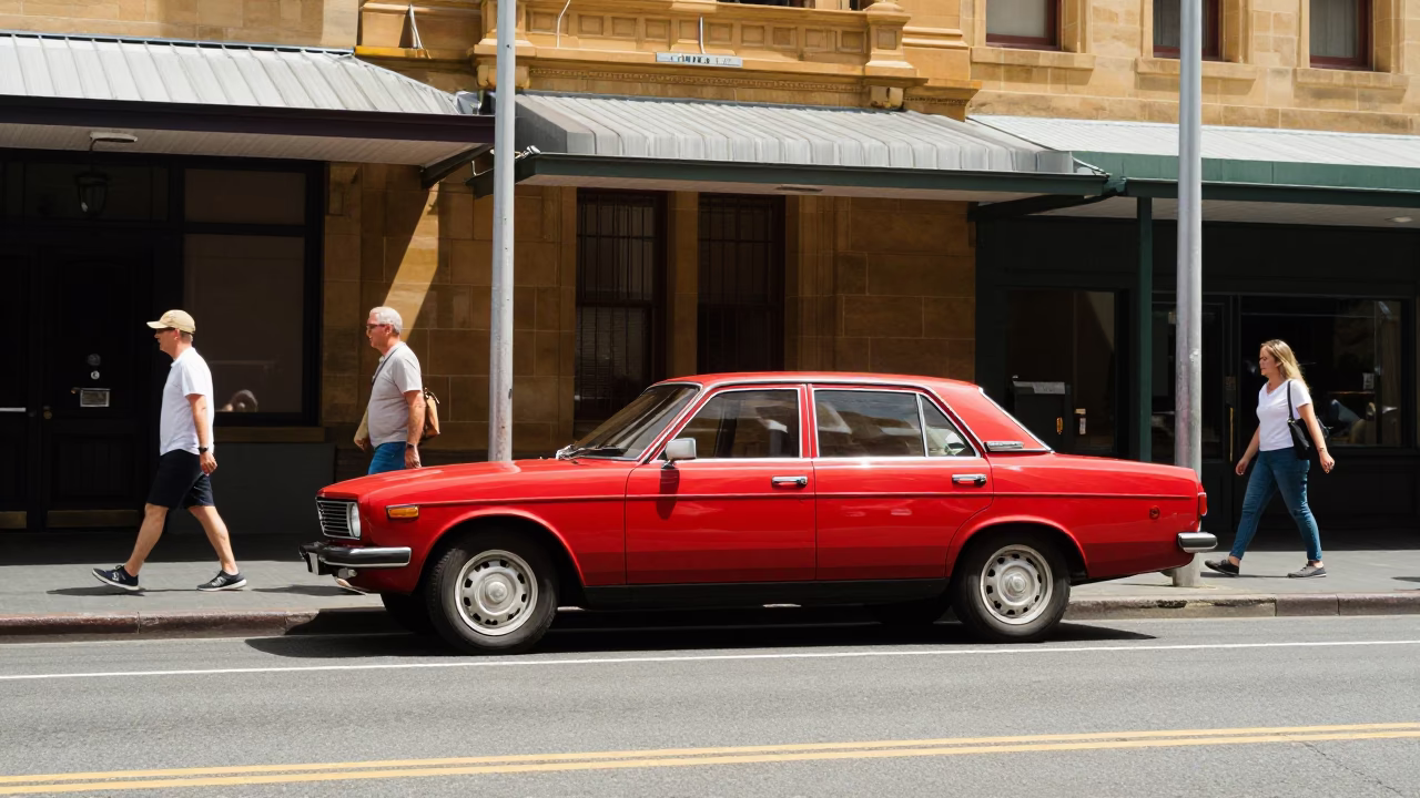 Sunlit Hobart Street Scene with Vintage Car and Pedestrians in Noon Light in in Hobart, Tasmania, Australia