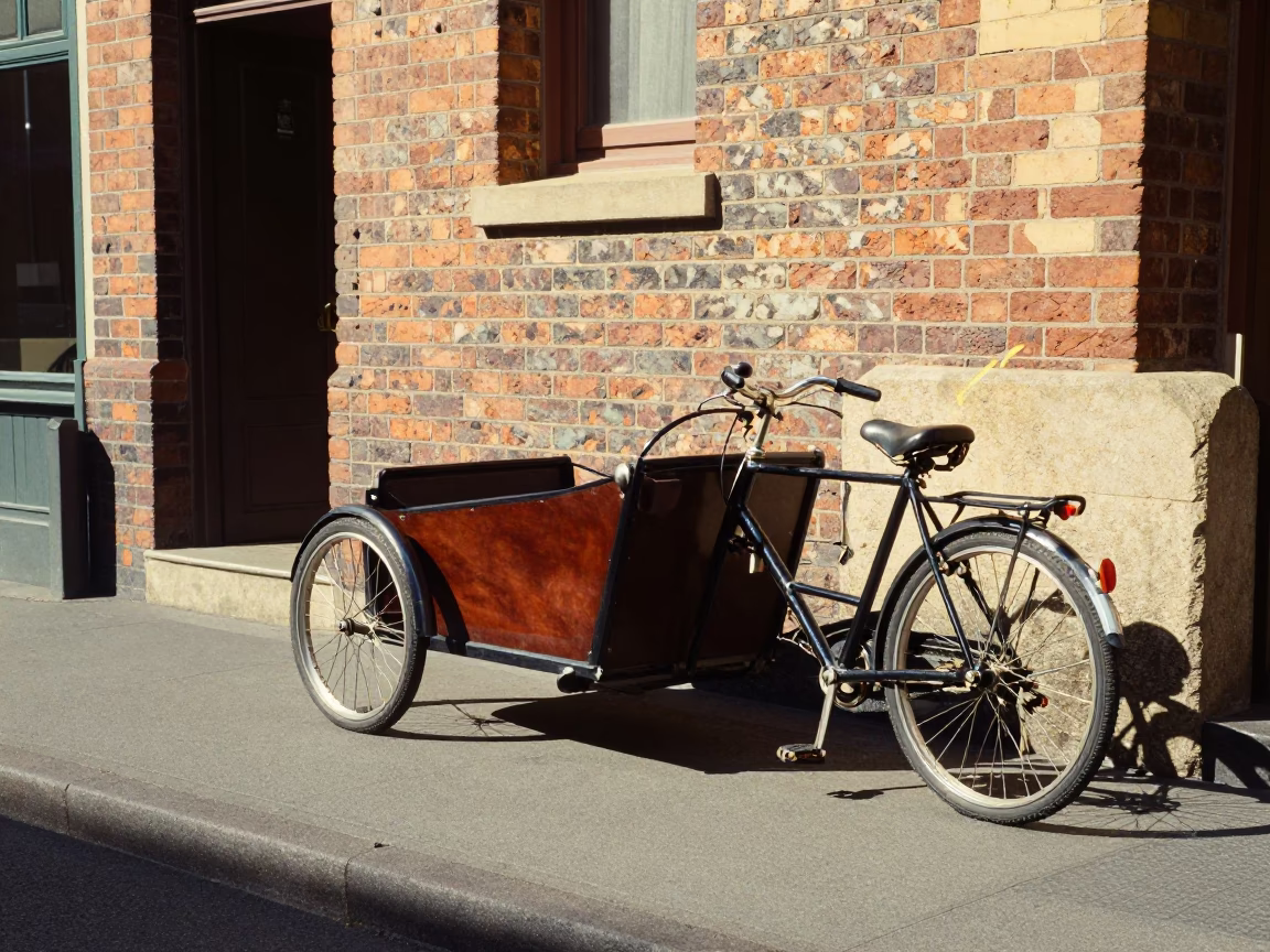 Sunlit Hobart Street Scene with Vintage Cargo Bicycle and Local Pedestrians in in Hobart, Tasmania, Australia