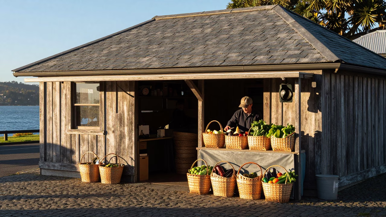 Sunlit Hobart Wharf Market Stall with Woven Baskets and Morning Light in in Hobart, Tasmania, Australia