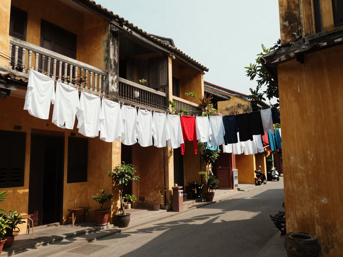 Sunlit Hoi An Alleyway with Hanging Laundry and Traditional Architecture in in Hoi An, Vietnam