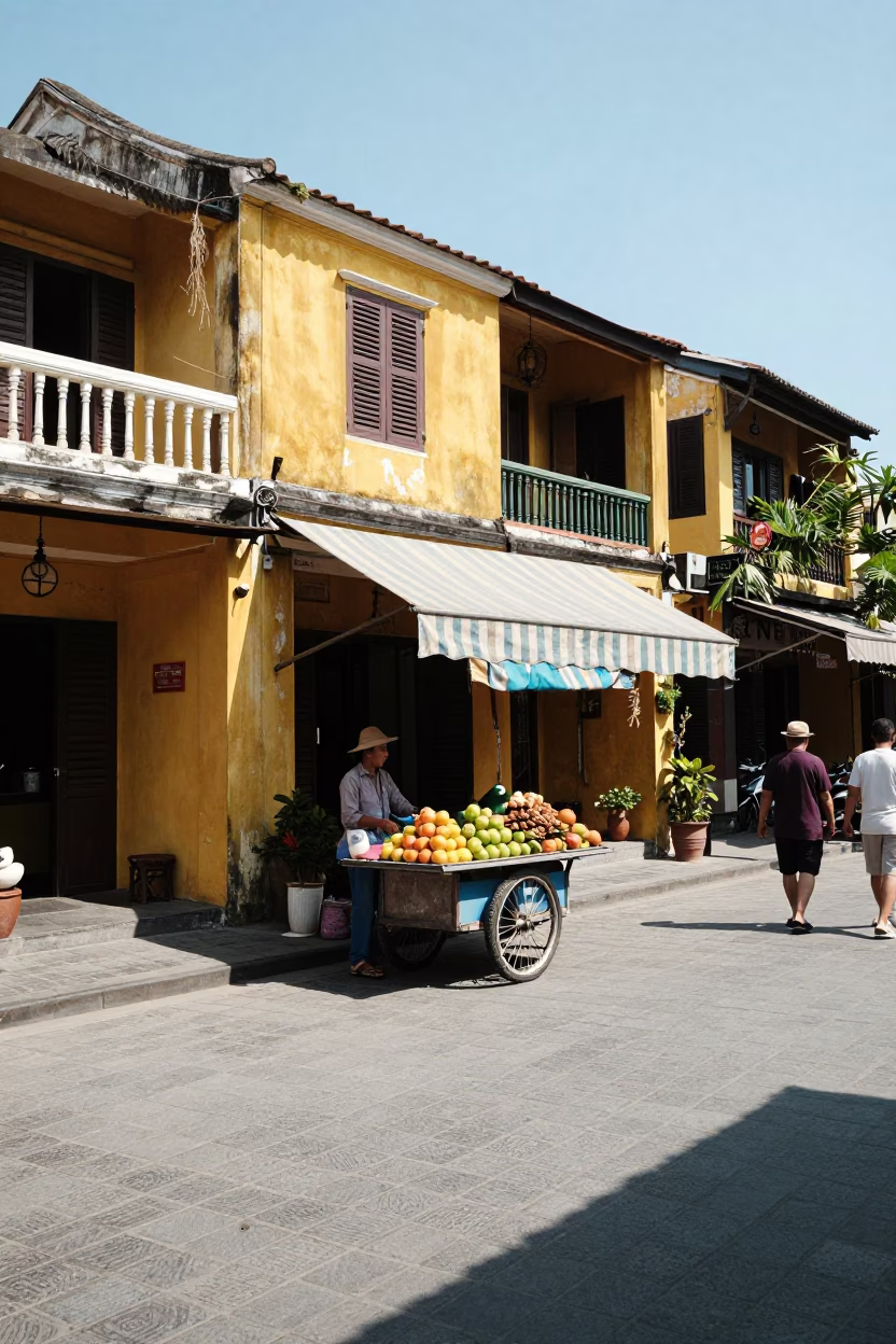 Sunlit Hoi An Street Scene with Local Vendor and Pedestrians in in Hoi An, Vietnam
