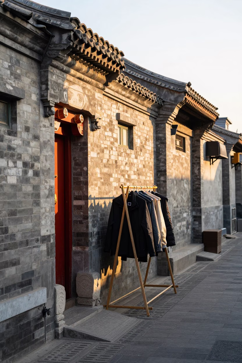 Sunlit Hutong Alleyway in Beijing China with Drying Racks and Raincoats in in Beijing, China