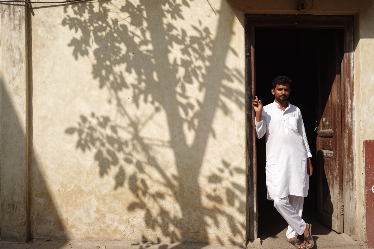 Sunlit Hyderabad Street Scene with Leaf Shadows on Plaster Wall and Local Daily Life in in Hyderabad, India