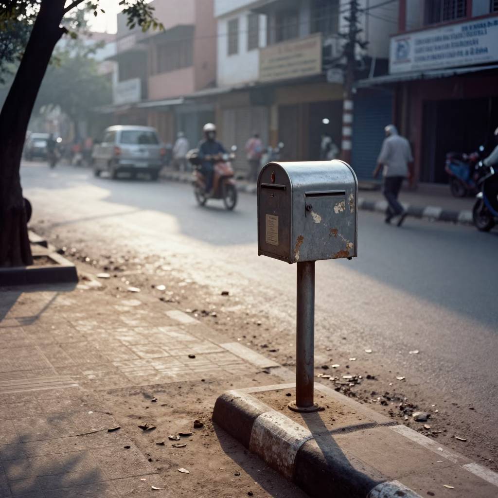 Sunlit Hyderabad Street Scene with Vintage Mailbox and Local Commerce in in Hyderabad, India