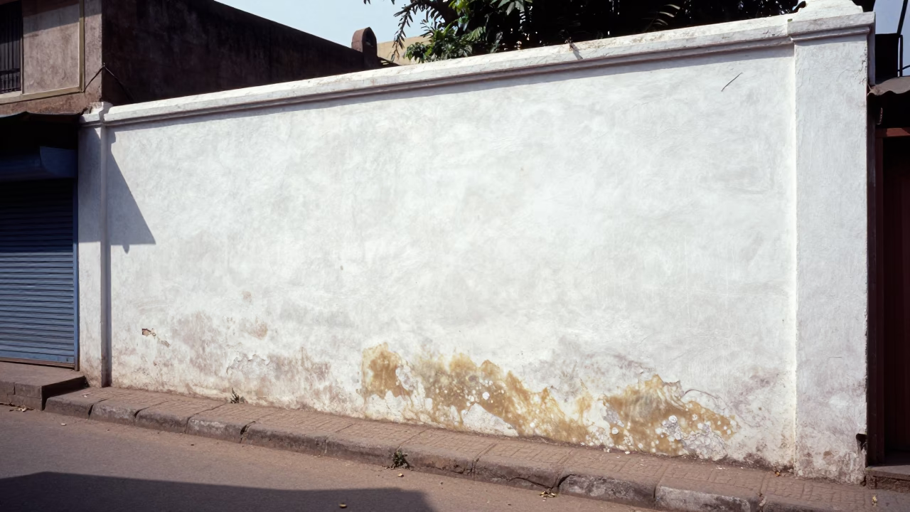 Sunlit Hyderabad Street Scene with White Plaster Wall and Soap Residue in in Hyderabad, India
