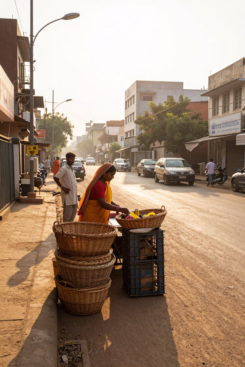 Sunlit Hyderabad Street Scene with Wicker Basket and Local Commerce in in Hyderabad, India