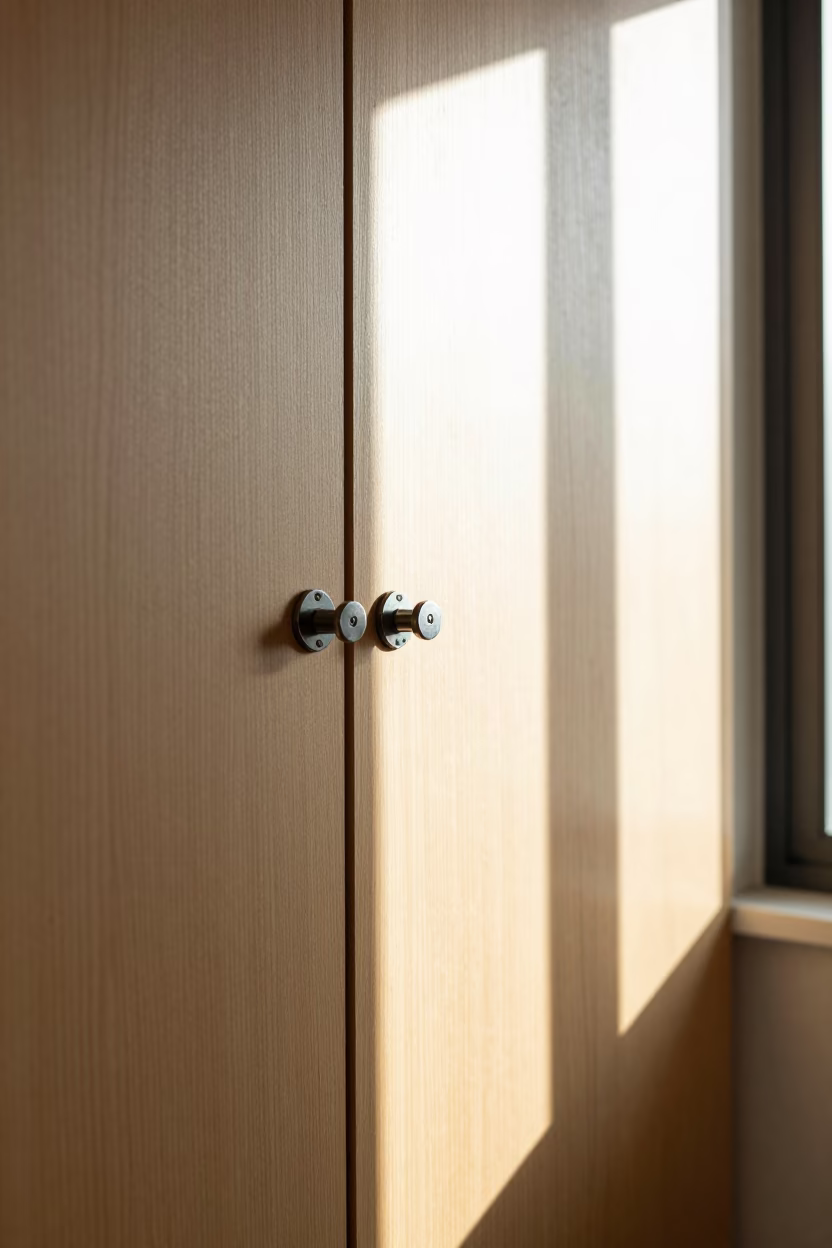 Sunlit Interior Detail in San Francisco Apartment with Iron Deadbolt and Window Light in in San Francisco, California, United States