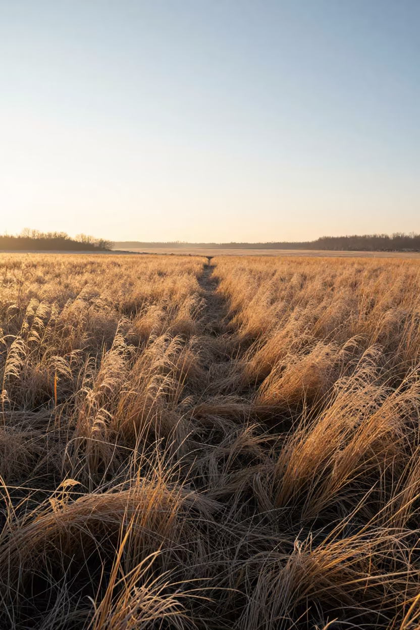 Sunlit Iowa Meadow Grass After Winter Storm in across a wide valley floor in Iowa