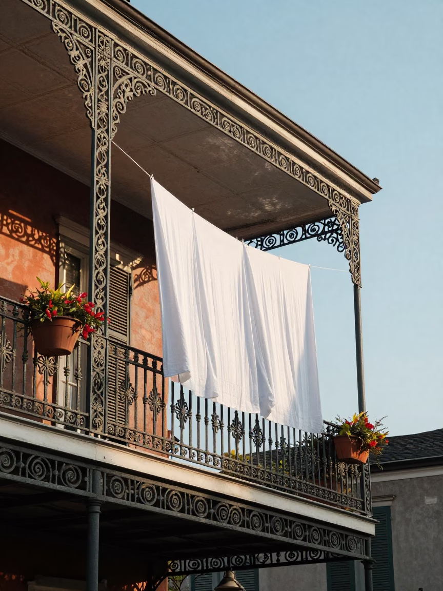 Sunlit Iron Balcony in New Orleans with Hanging Linens and Potted Plants in in New Orleans, Louisiana, United States