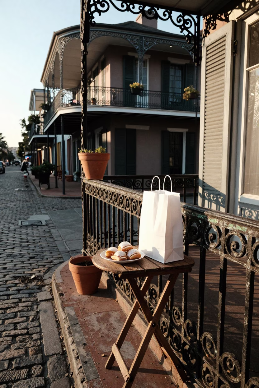 Sunlit Ironwork Balcony with Beignets and Terracotta Pot in Historic French Quarter New Orleans in in New Orleans, Louisiana, United States
