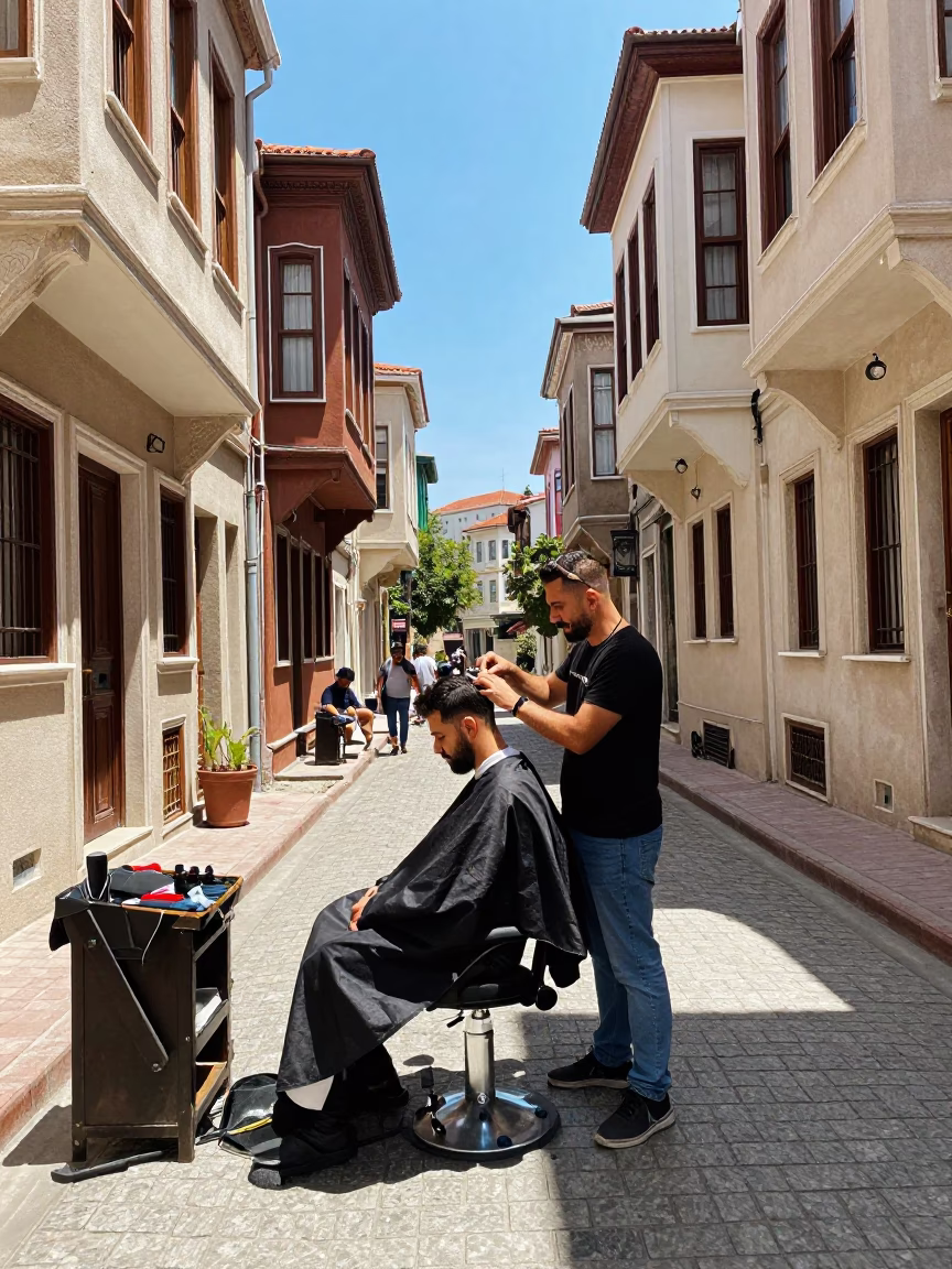Sunlit Istanbul Street Scene with Barber and Traditional Architecture at Midday in in Istanbul, Turkey