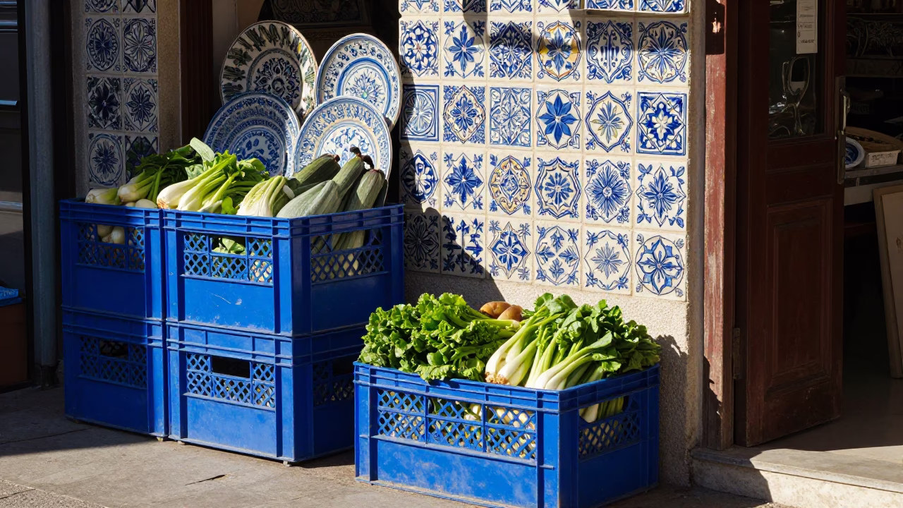 Sunlit Izmir Market Stall with Ceramic Tiles and Fresh Cherries in in Izmir, Turkey
