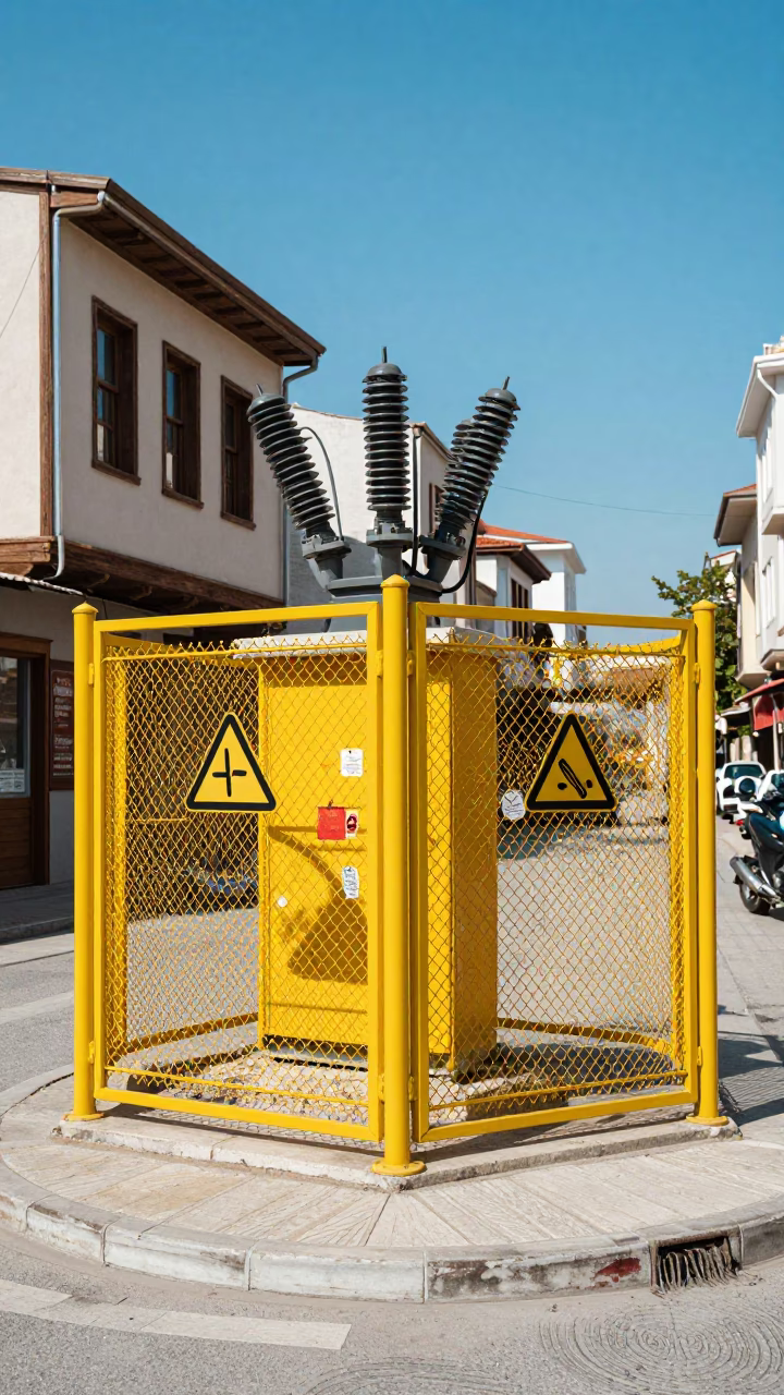 Sunlit Izmir Street Corner with Yellow Substation Fence and Pedestrian Interaction in in Izmir, Turkey