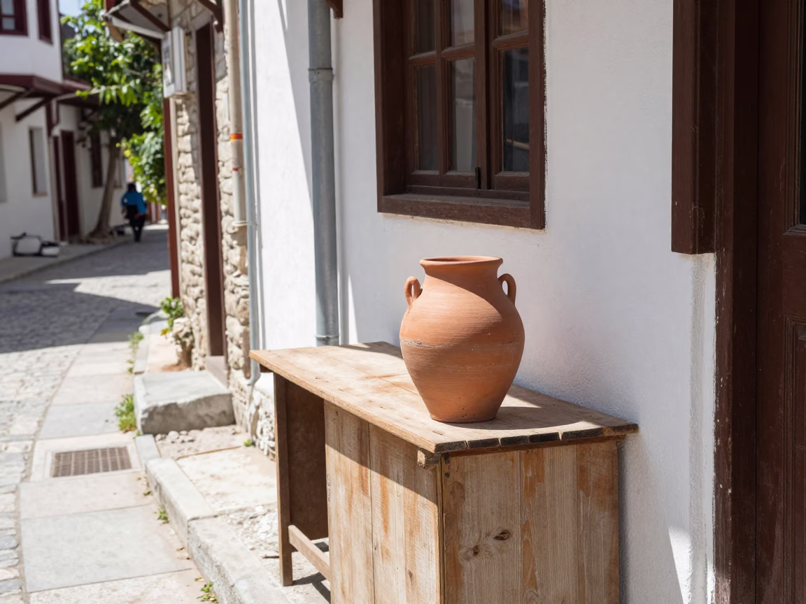 Sunlit Izmir Street Scene with Clay Pot and Japanese Maple in Bright Midmorning Light in in Izmir, Turkey