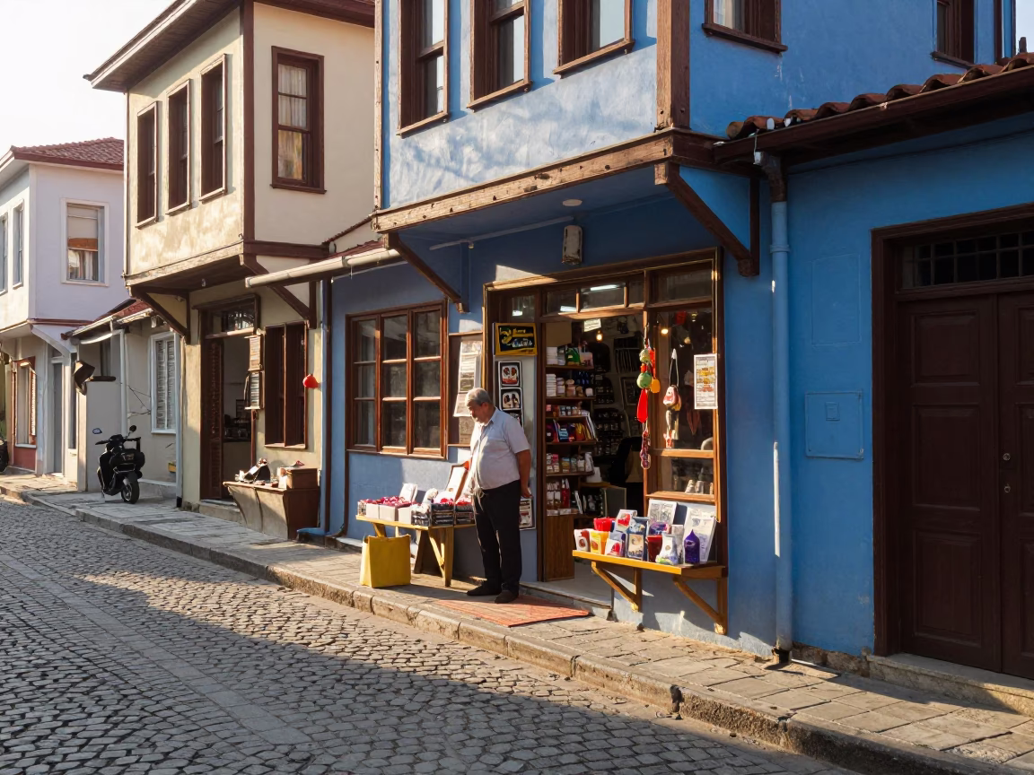 Sunlit Izmir Street Scene with Local Shopkeeper and Blue Porcelain Jar at Dawn in in Izmir, Turkey