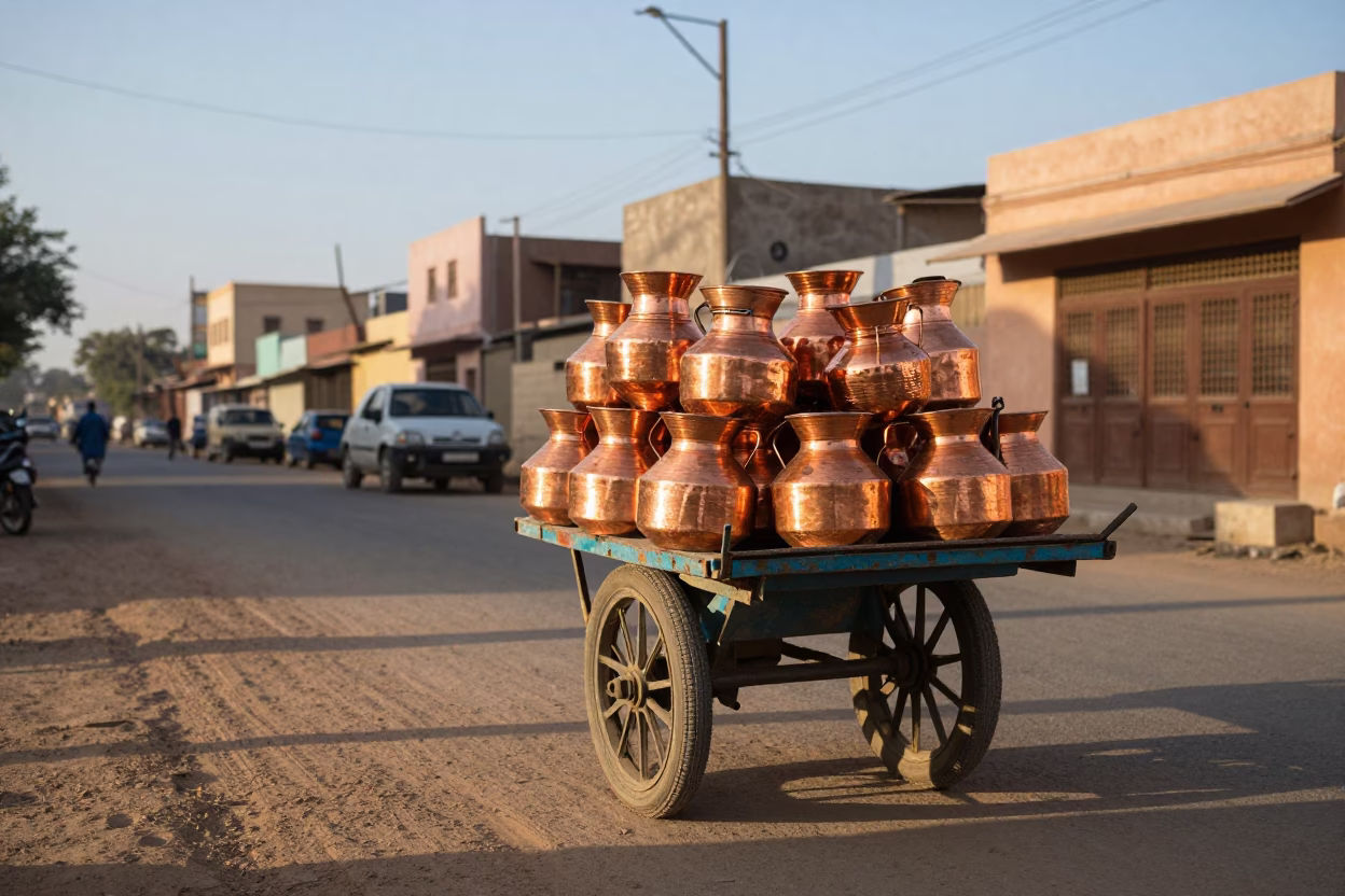 Sunlit Jaipur Street Corner with Copper Pots and Morning Market Activity in in Jaipur, India