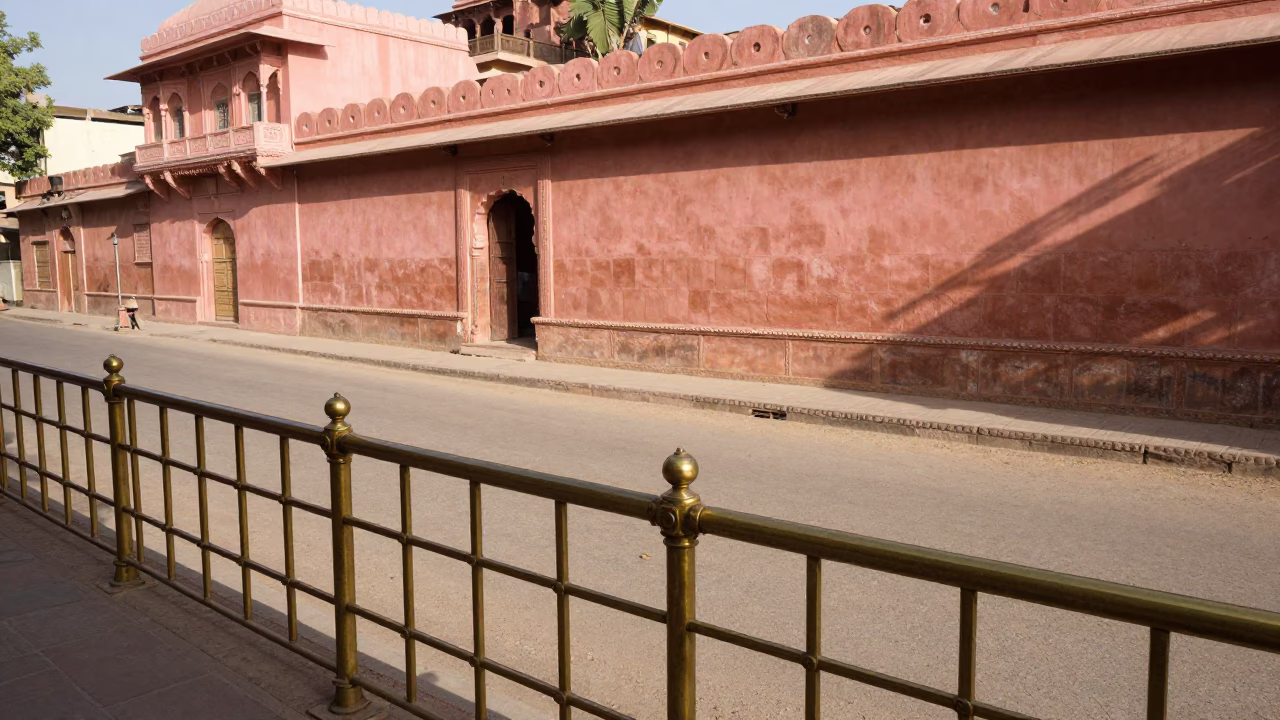 Sunlit Jaipur Street Scene with Polished Brass Rail and Traditional Architecture in in Jaipur, India