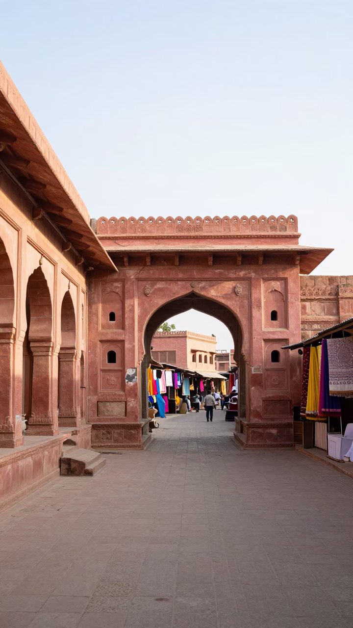 Sunlit Jaipur Street Scene with Stone Arches and Local Market Activity in in Jaipur, India