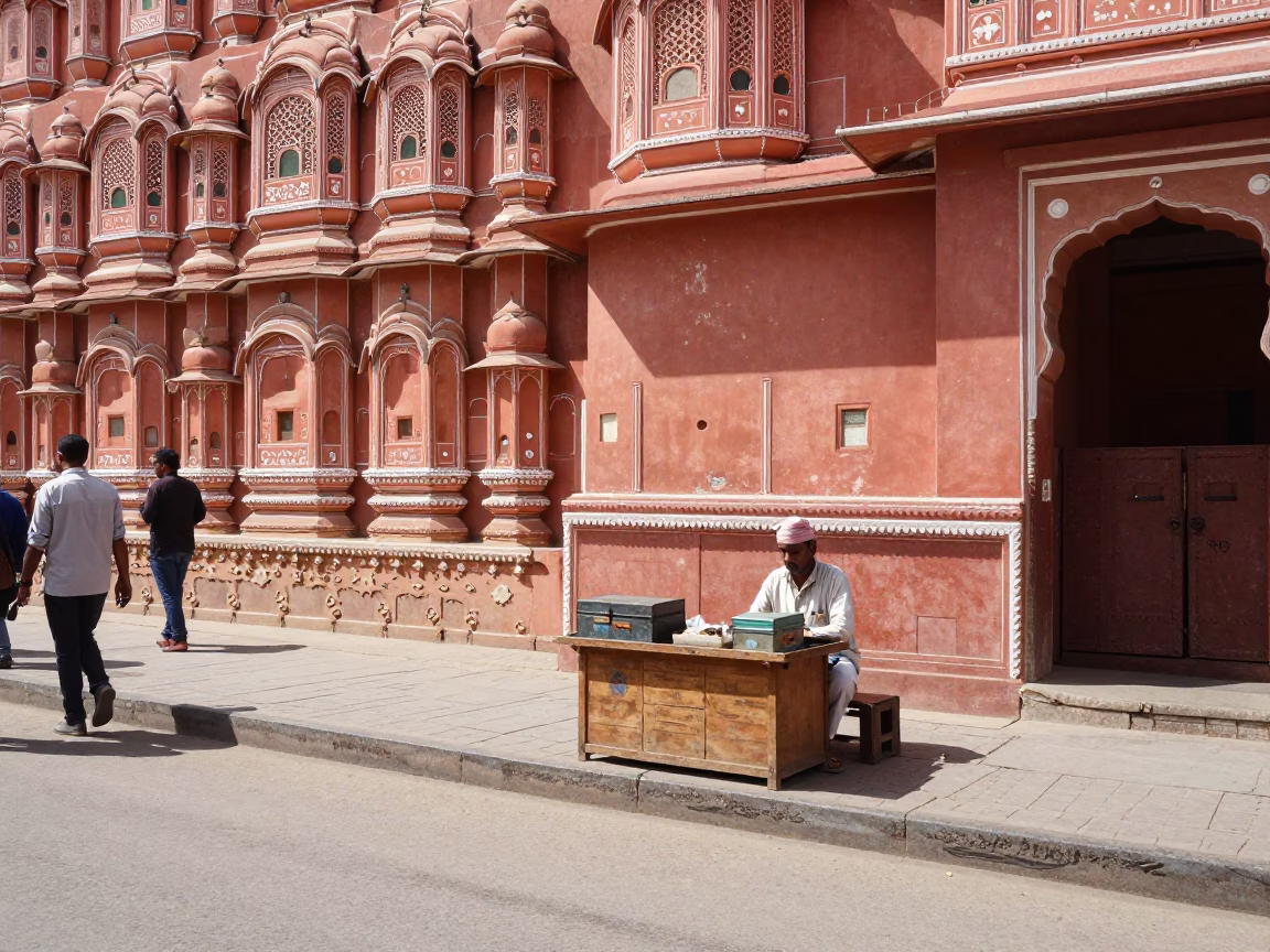 Sunlit Jaipur Street Scene with Vintage Tin Box and Local Commerce in in Jaipur, India