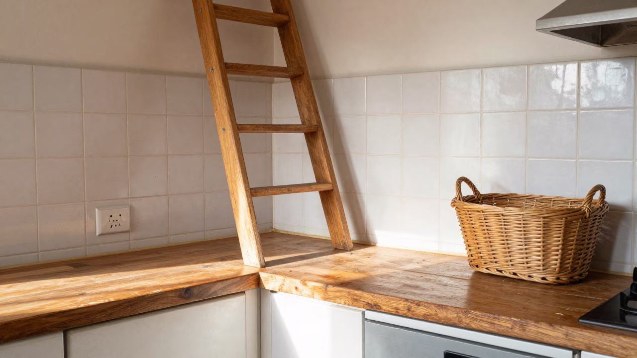 Sunlit Johannesburg Kitchen Counter with Wooden Ladder and Wicker Basket in in Johannesburg, South Africa