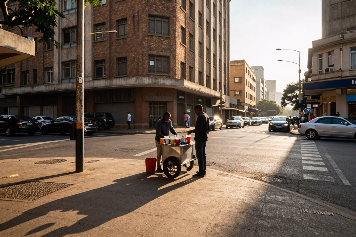 Sunlit Johannesburg street corner with coffee mug and tea canister in in Johannesburg, South Africa