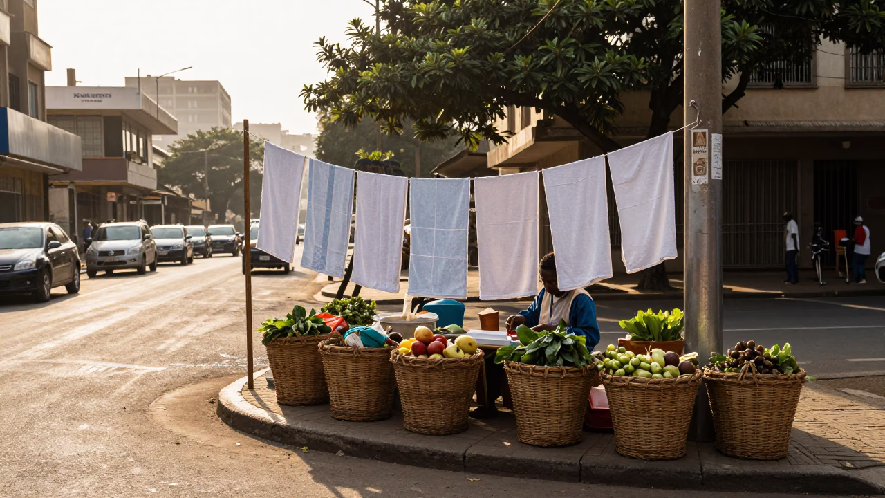 Sunlit Johannesburg Street Corner With Drying Towels And Wicker Hampers in in Johannesburg, South Africa