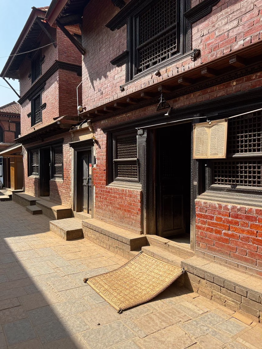 Sunlit Kathmandu Street Scene with Traditional Doormat and Daily Life at Midday in in Kathmandu, Nepal