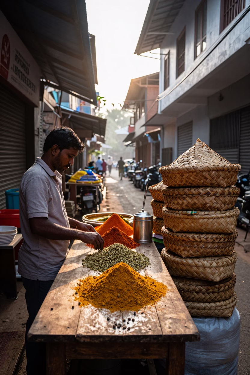 Sunlit Kerala Spice Stall Morning Routine in Kochi India in in Kochi, India