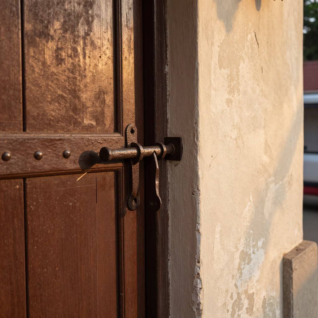 Sunlit Kerala Street Scene with Iron Deadbolt and Hammered Metal in in Kochi, India