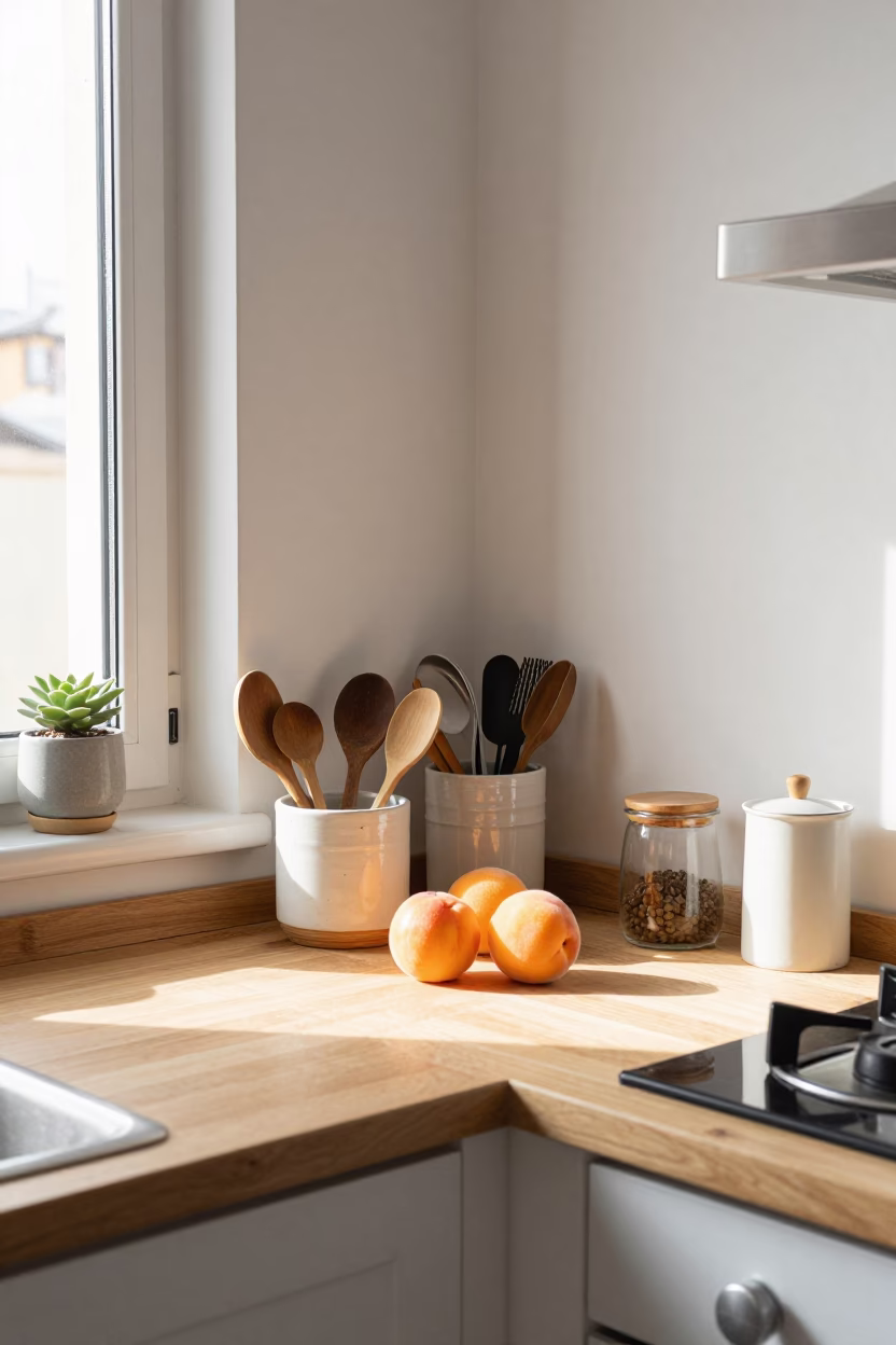 Sunlit Kitchen Corner in Bilbao with Apricots and Utensil Crock in in Bilbao, Spain