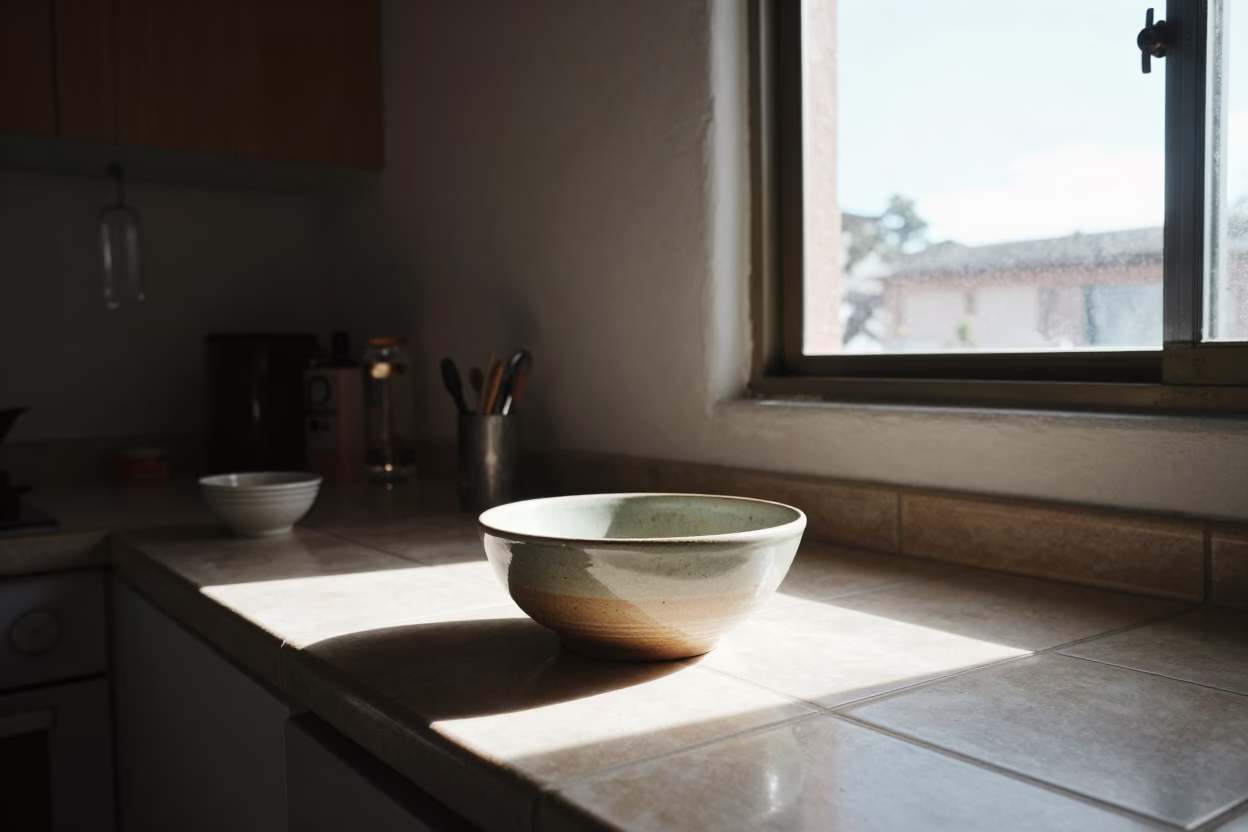 Sunlit kitchen corner in Medellin home with ceramic bowl and spice jars in in Medellin, Colombia