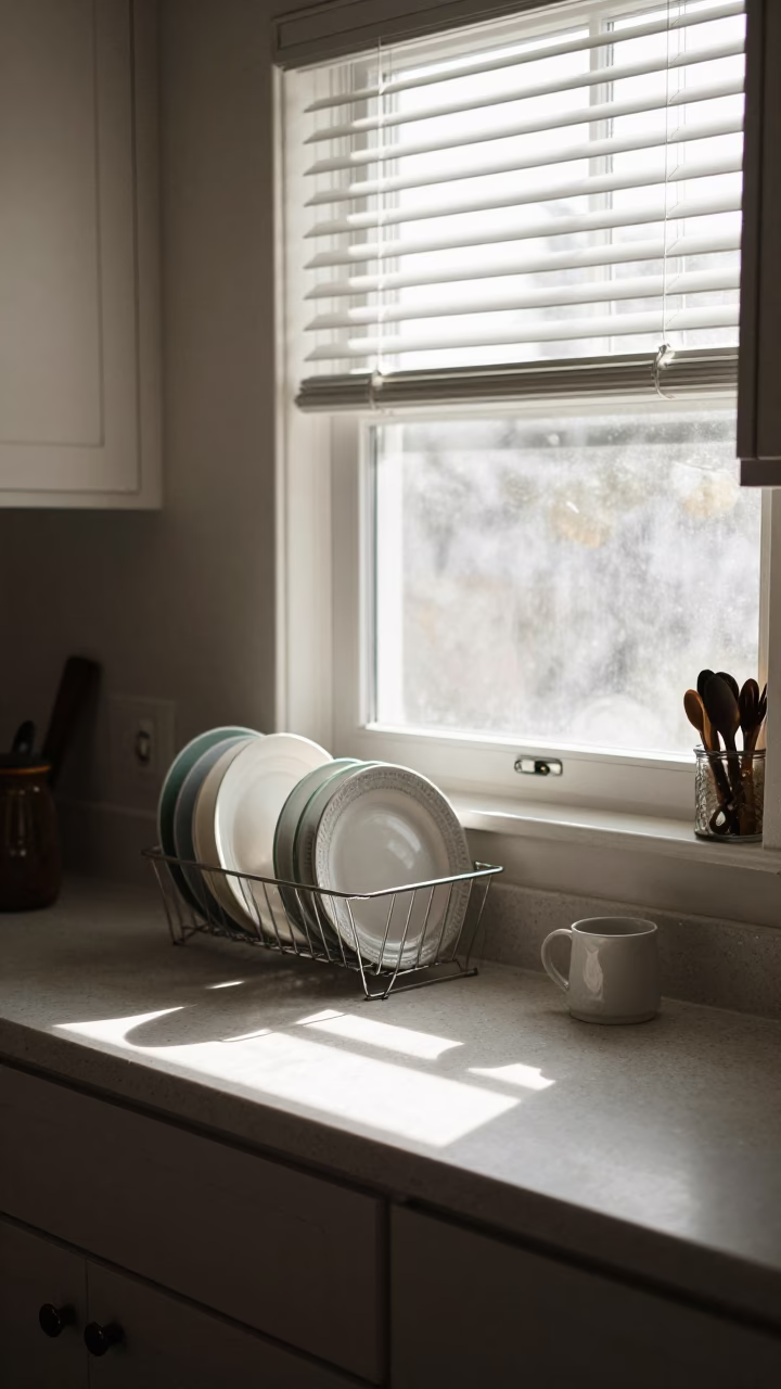 Sunlit Kitchen Counter with Dishes and Morning Light in San Diego Home in in San Diego, California, United States