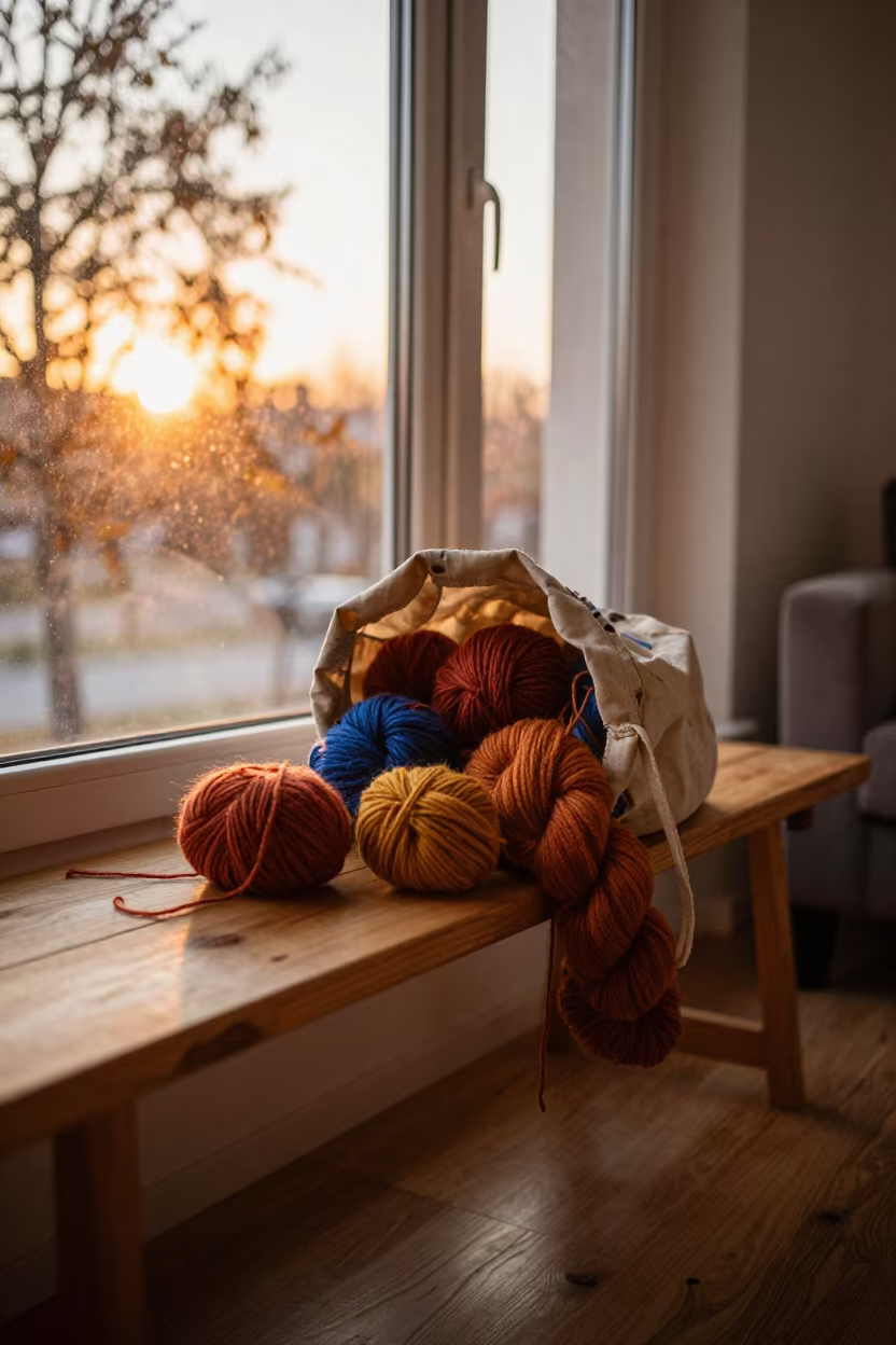 Sunlit Knitting Bag Spilling Wool on Window Bench in in a sunlit living room in Constanta