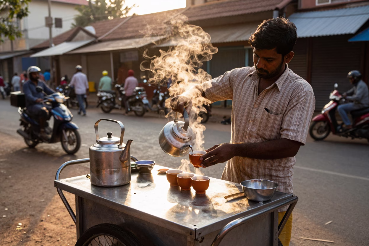 Sunlit Kochi Street Vendor Serving Steaming Tea with Ceramic Cups in in Kochi, India