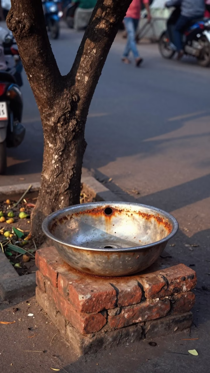 Sunlit Kolkata Street Scene with Rusty Basin and Fig Tree at Dawn in in Kolkata, India