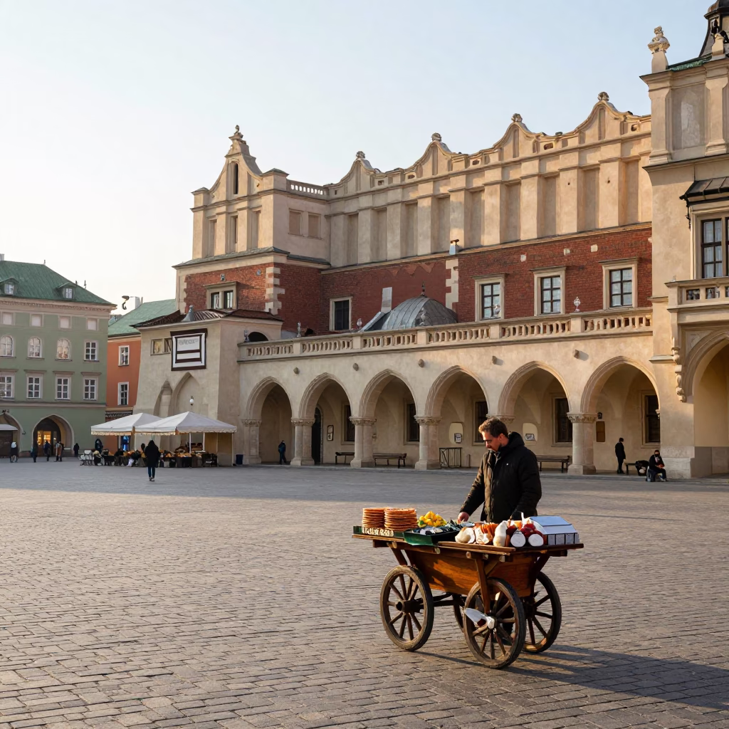 Sunlit Krakow Market Square Morning with Vendor Tray of Palmiers in in Krakow, Poland