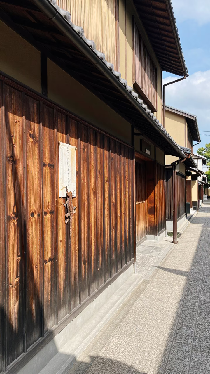 Sunlit Kyoto Alleyway Scene with Traditional Wooden Facades and Local Street Details in in Kyoto, Japan
