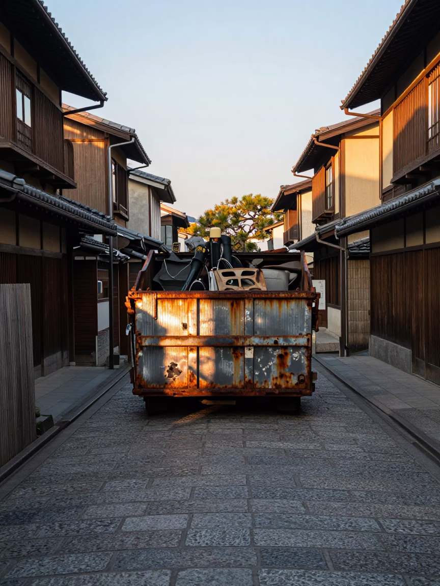 Sunlit Kyoto Street Scene with Demolition Dumpster and Traditional Architecture in in Kyoto, Japan