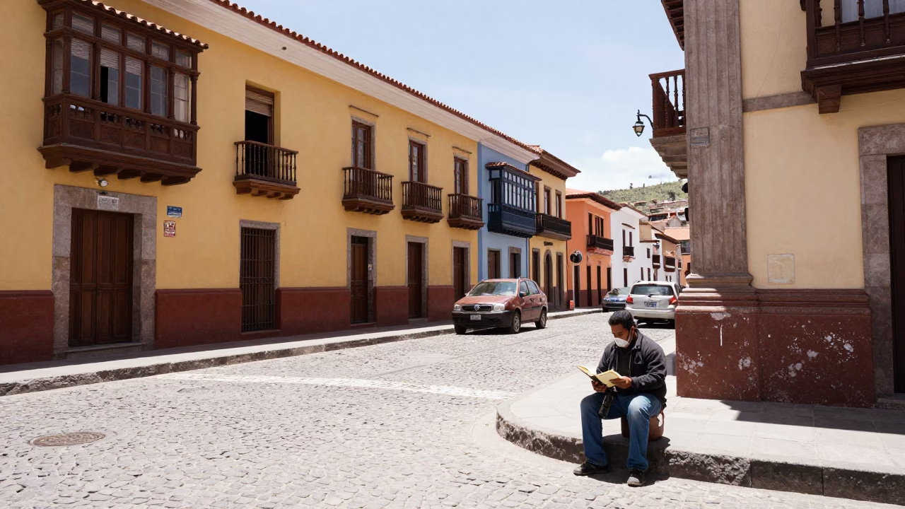 Sunlit La Paz Street Corner with Vendor and Address Book Under Flat Noon Light in in La Paz, Bolivia