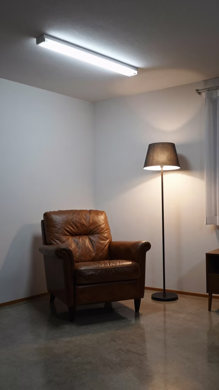 Sunlit Library Corner Before Dawn in Fukuoka in in a sunlit living room in Fukuoka