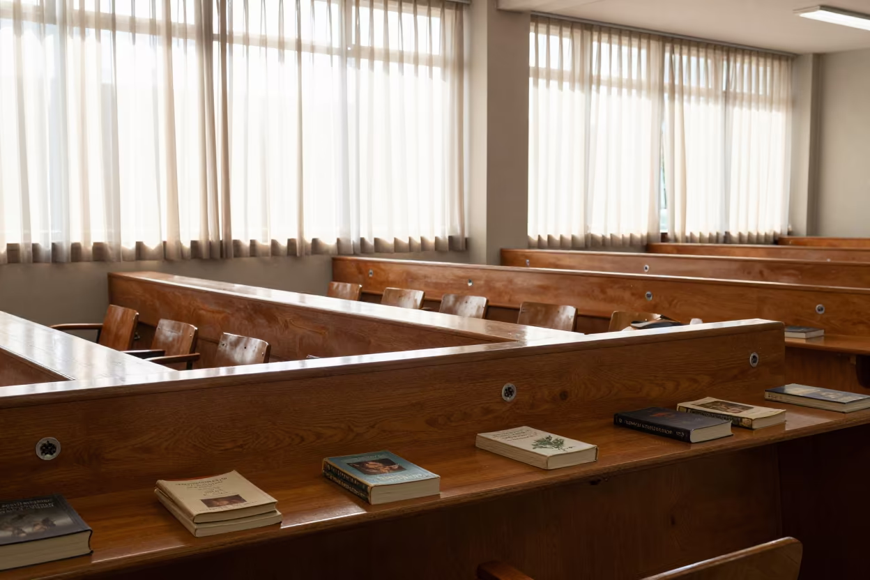 Sunlit Library Window Seat with Paperbacks in Santa Marta in in a lecture hall before the crowd arrives in Santa Marta