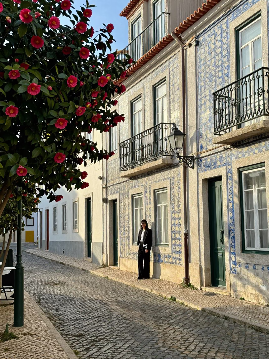 Sunlit Lisbon Alfama Street with Camellia Blooms and Traditional Azulejo Tiles in in Lisbon, Portugal