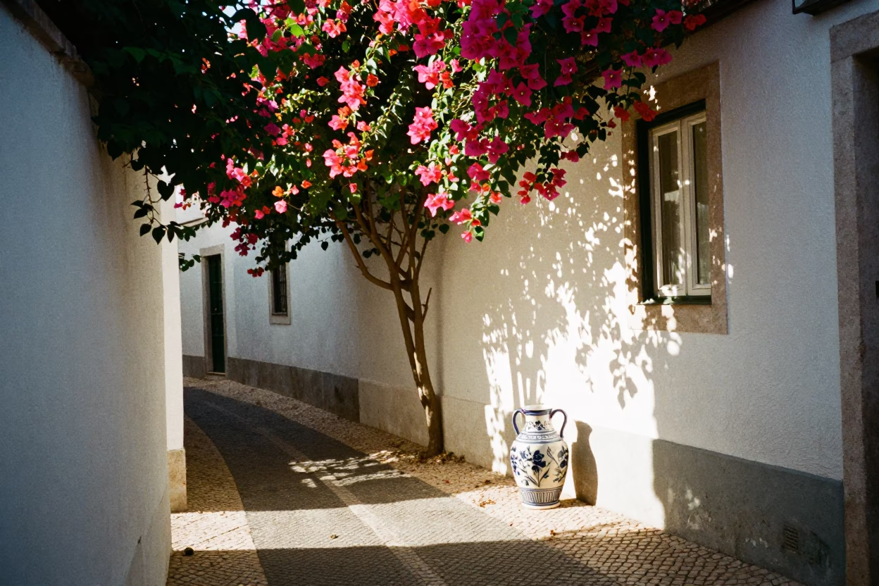 Sunlit Lisbon Alleyway with Bougainvillea and Traditional Ceramic Pitcher in in Lisbon, Portugal