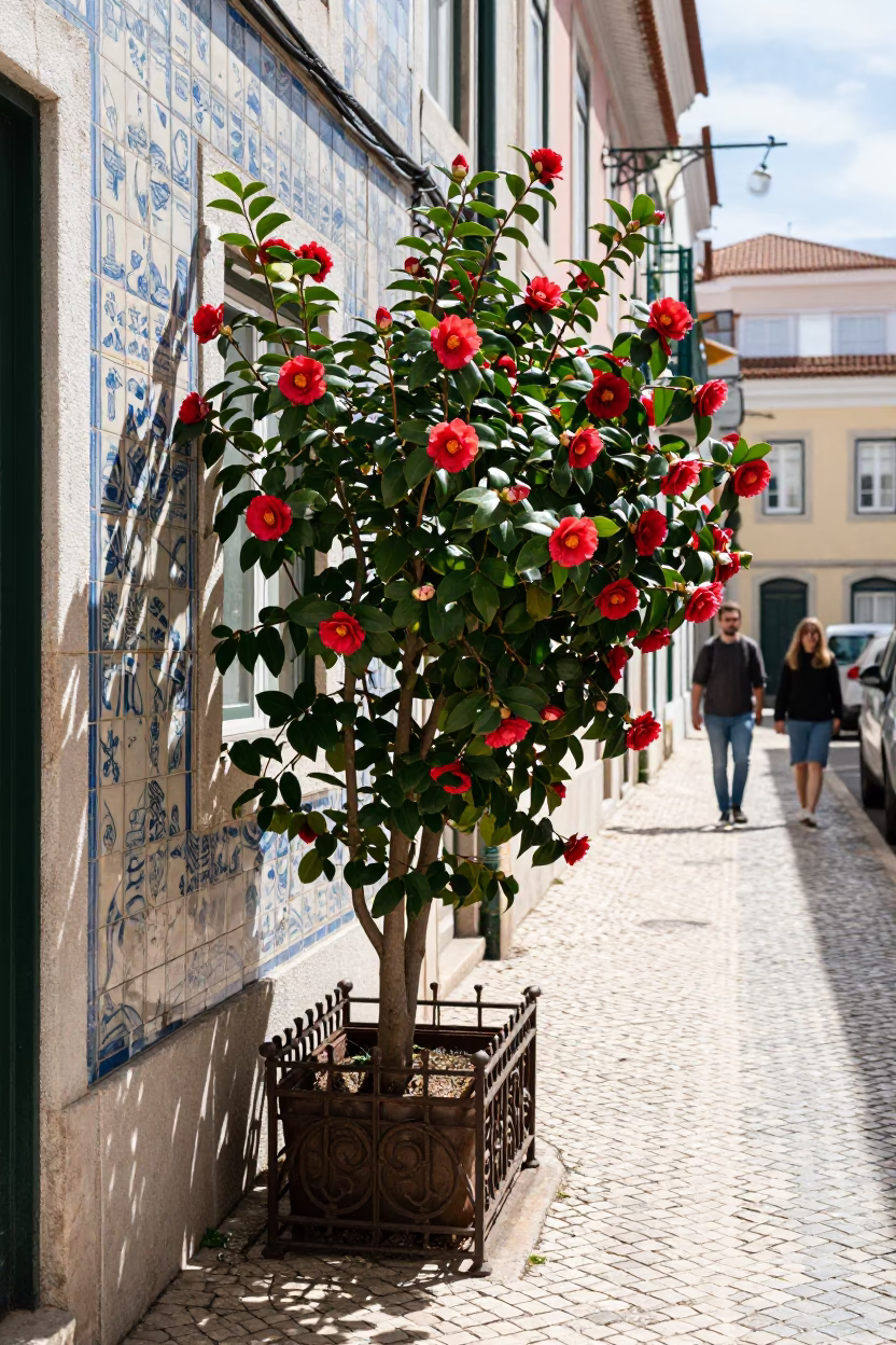 Sunlit Lisbon Alleyway with Camellia Flowers and Street Life in in Lisbon, Portugal