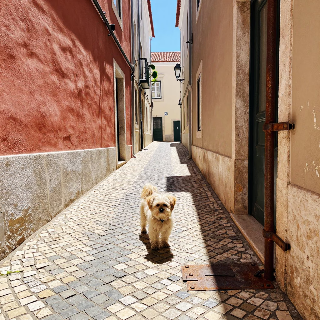 Sunlit Lisbon Alleyway with Dog and Rusty Metal Latch Detail in in Lisbon, Portugal