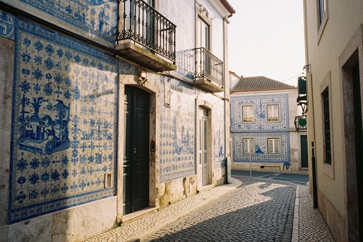 Sunlit Lisbon Alleyway with Traditional Azulejo Tiles and Morning Light in in Lisbon, Portugal