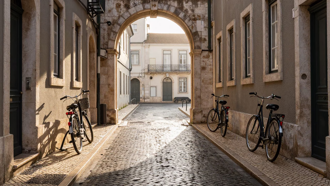 Sunlit Lisbon Alleyway with University Archway and Wet Bicycle Rack in in Lisbon, Portugal