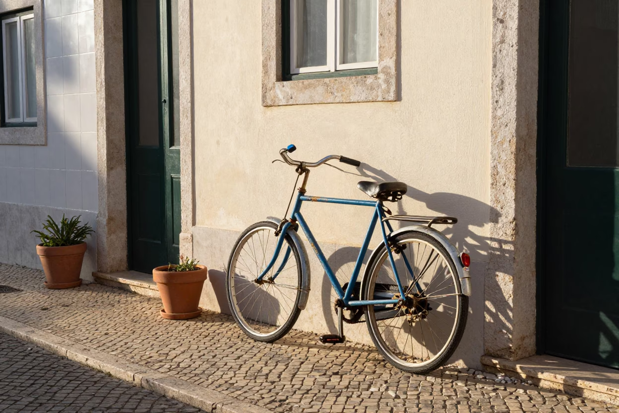 Sunlit Lisbon Alleyway with Vintage Bicycle and Terracotta Pots on Morning Street in in Lisbon, Portugal