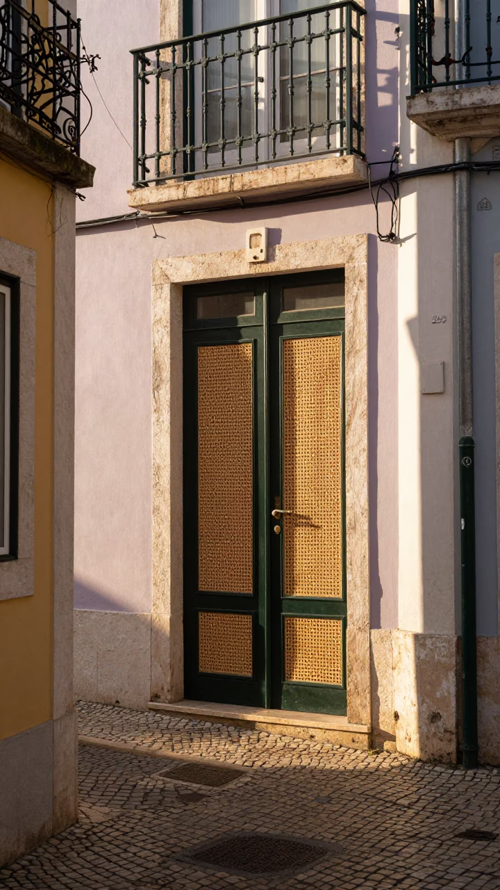 Sunlit Lisbon Alleyway with Woven Cane Doors and Morning Light in in Lisbon, Portugal